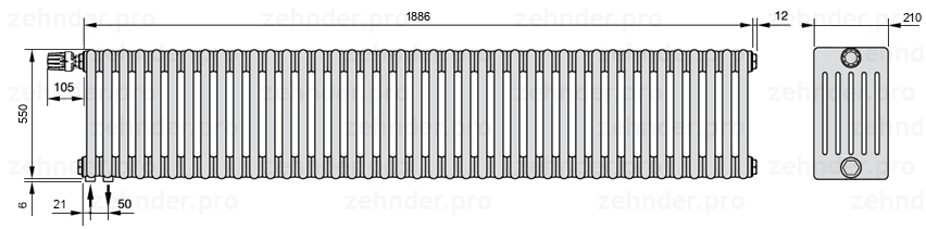 Схема (чертеж) Радиатор Zehnder Charleston 6055/41 №V001 Белый глянцевый RAL 9016